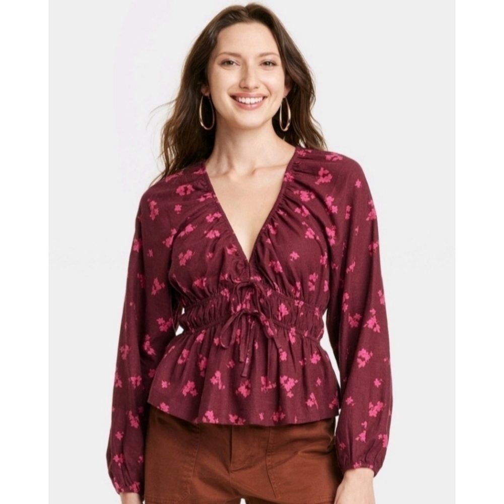 Universal Thread Puffed Long Sleeve Tie Front Blouse